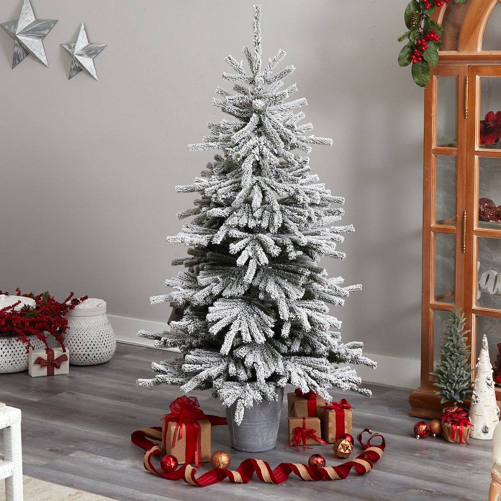 6ft. Flocked Long Vermont Pine Christmas Tree and 250 LEDs in Decorative Planter. Picture 8