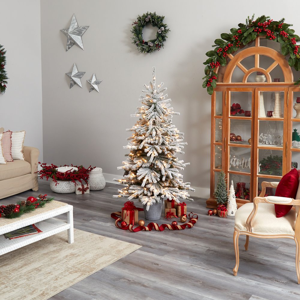 6ft. Flocked Long Vermont Pine Christmas Tree and 250 LEDs in Decorative Planter. Picture 9