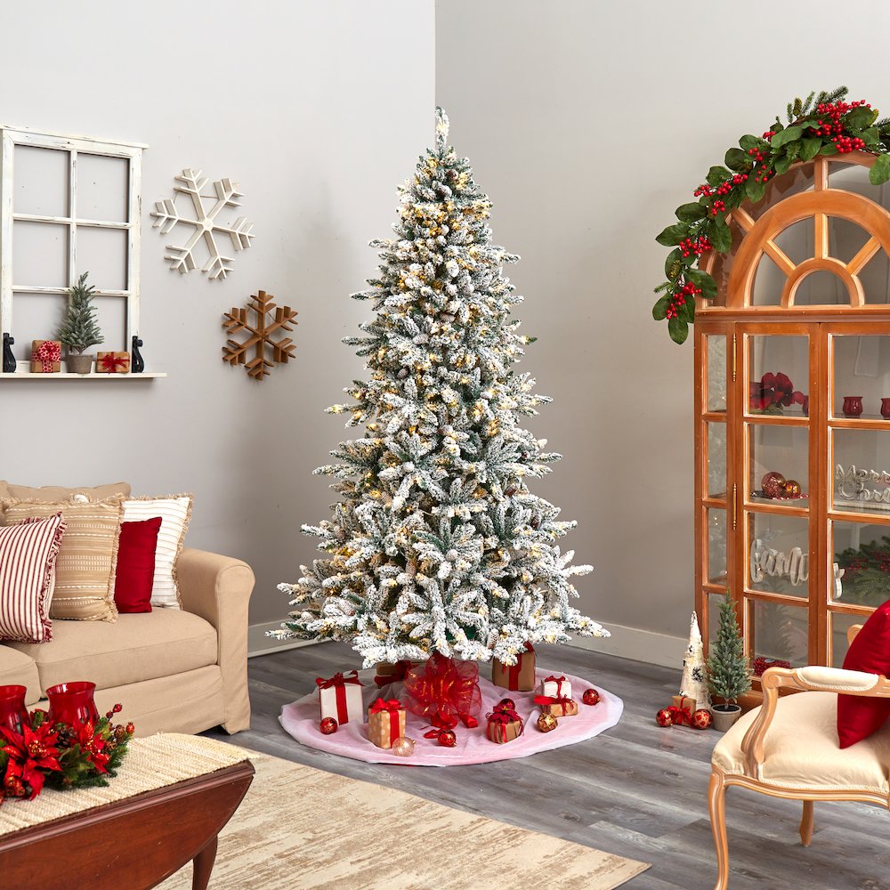 8ft. Flocked Livingston Fir Christmas Tree with Pine Cones and 500 Clear LEDs. Picture 7