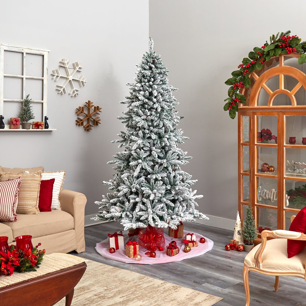 8ft. Flocked Livingston Fir Christmas Tree with Pine Cones and 500 Clear LEDs. Picture 8