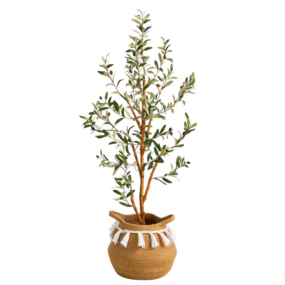 3.5ft. Artificial Olive Tree with Handmade Jute & Cotton Basket with Tassels. Picture 1