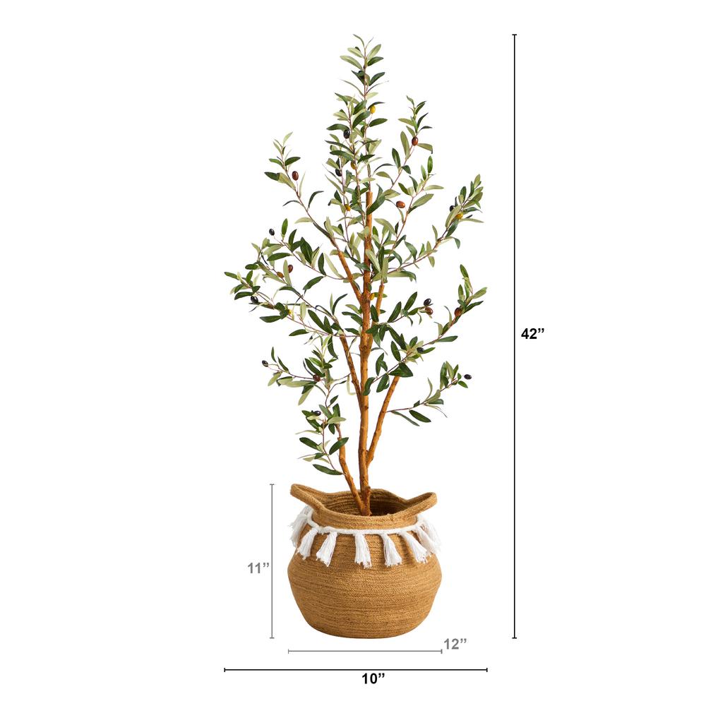 3.5ft. Artificial Olive Tree with Handmade Jute & Cotton Basket with Tassels. Picture 2