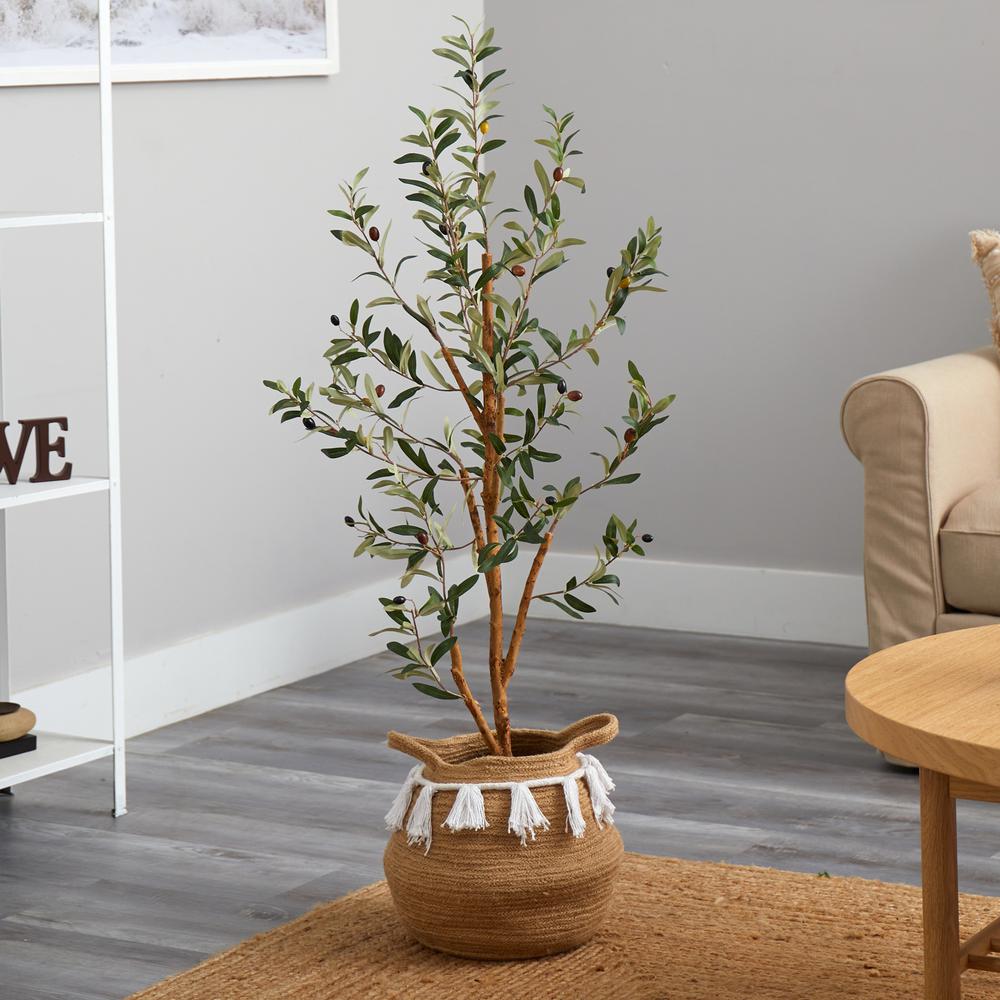 3.5ft. Artificial Olive Tree with Handmade Jute & Cotton Basket with Tassels. Picture 4