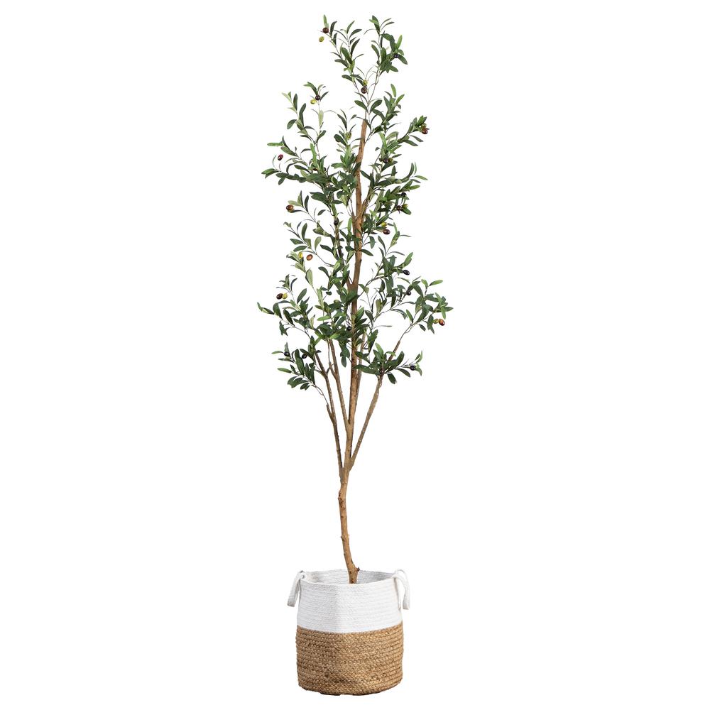 7ft. Artificial Olive Tree with Natural Trunk and Handmade Jute Basket. Picture 7
