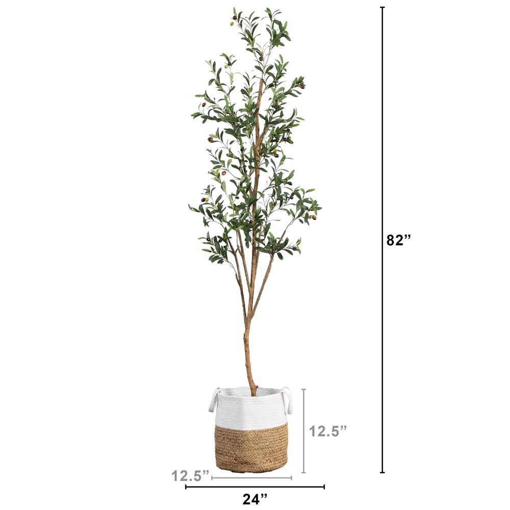 7ft. Artificial Olive Tree with Natural Trunk and Handmade Jute Basket. Picture 1