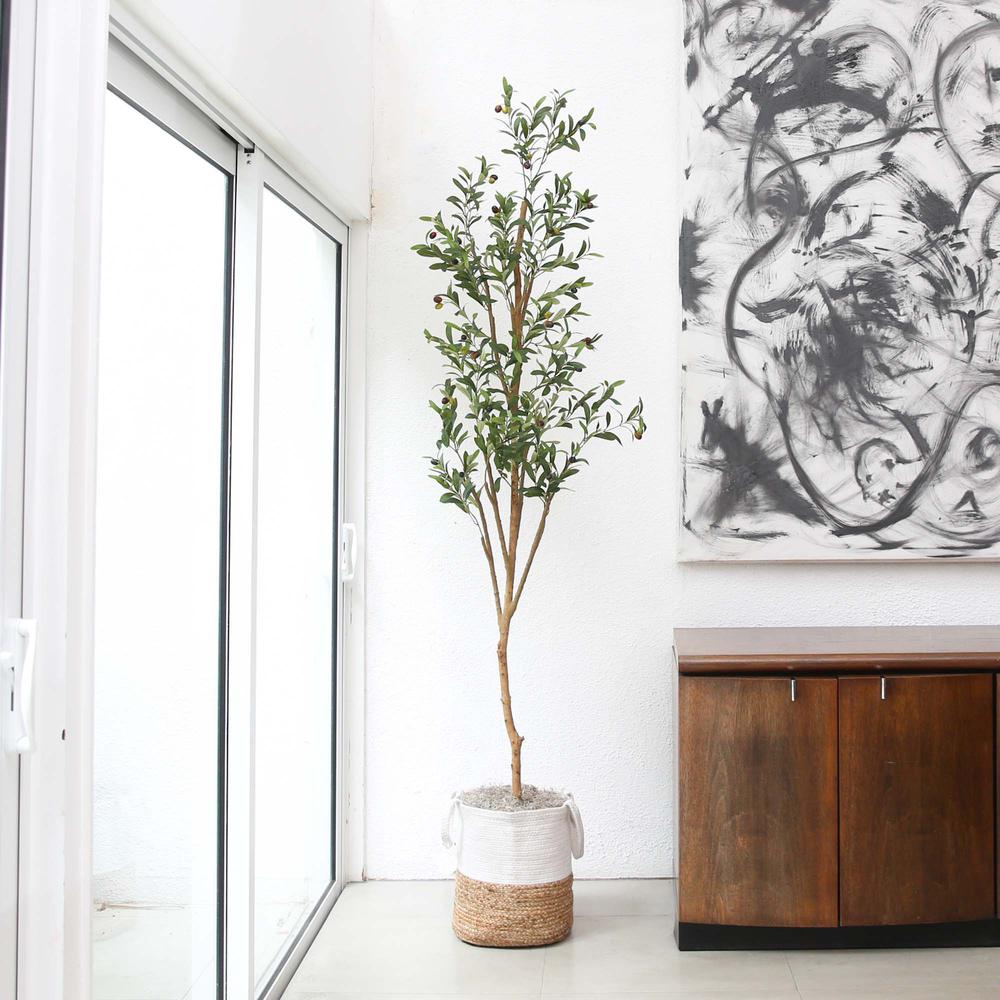 7ft. Artificial Olive Tree with Natural Trunk and Handmade Jute Basket. Picture 6