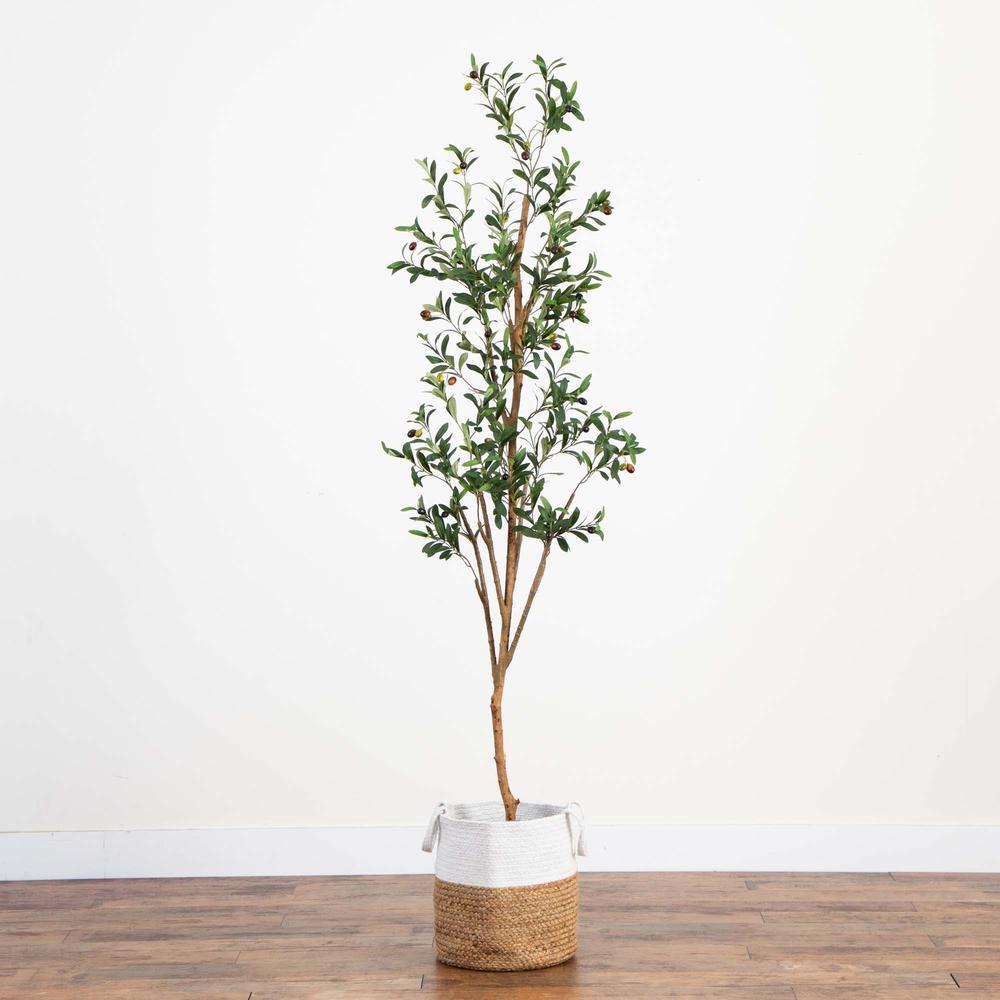 7ft. Artificial Olive Tree with Natural Trunk and Handmade Jute Basket. Picture 5