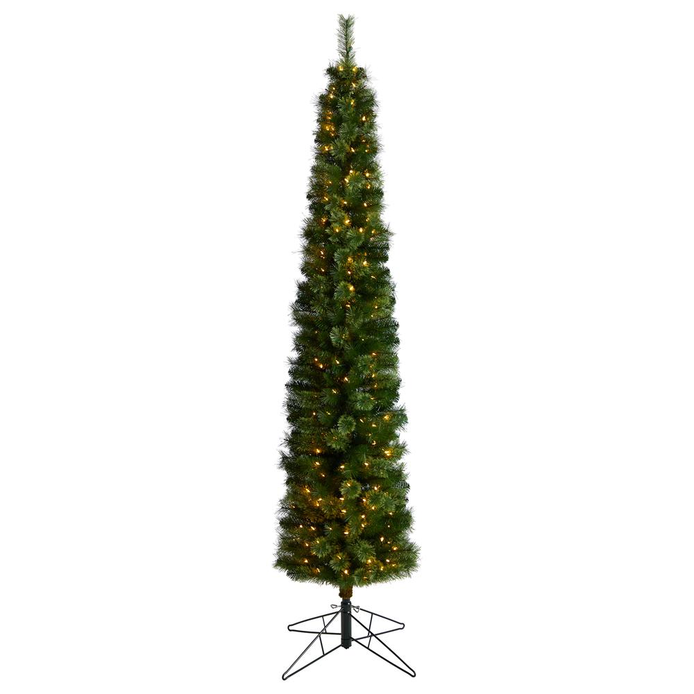Green Pencil Artificial Christmas Tree with 200 Clear (Multifunction) LED Lights. Picture 1