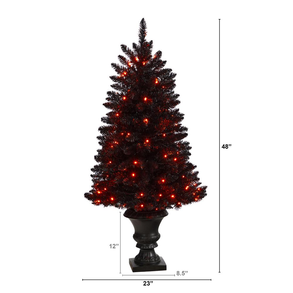 4ft. Black Halloween Artificial Christmas Tree in Urn with 100 Orange LED Lights. Picture 1
