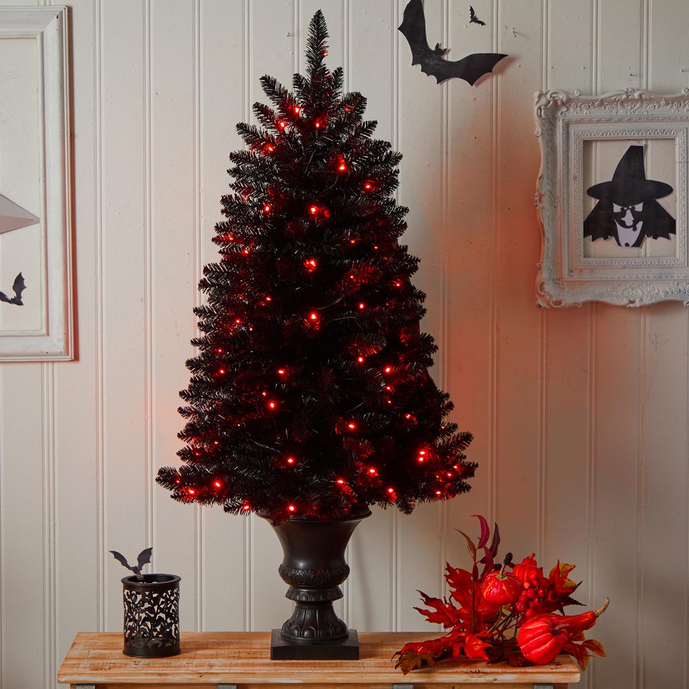 4ft. Black Halloween Artificial Christmas Tree in Urn with 100 Orange LED Lights. Picture 10