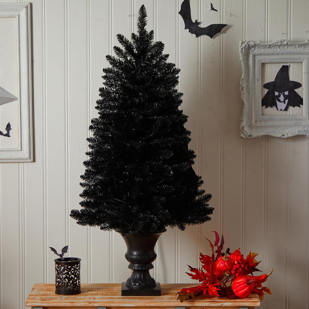 4ft. Black Halloween Artificial Christmas Tree in Urn with 100 Orange LED Lights. Picture 7
