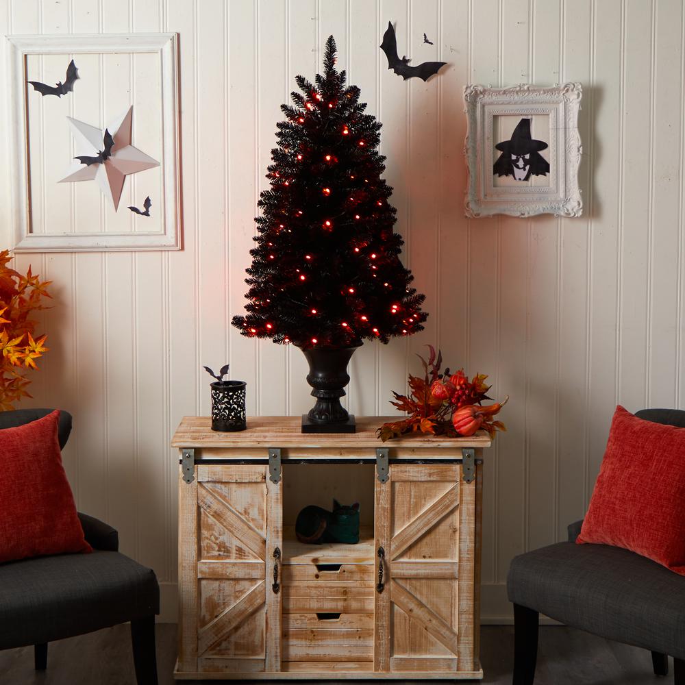 4ft. Black Halloween Artificial Christmas Tree in Urn with 100 Orange LED Lights. Picture 8