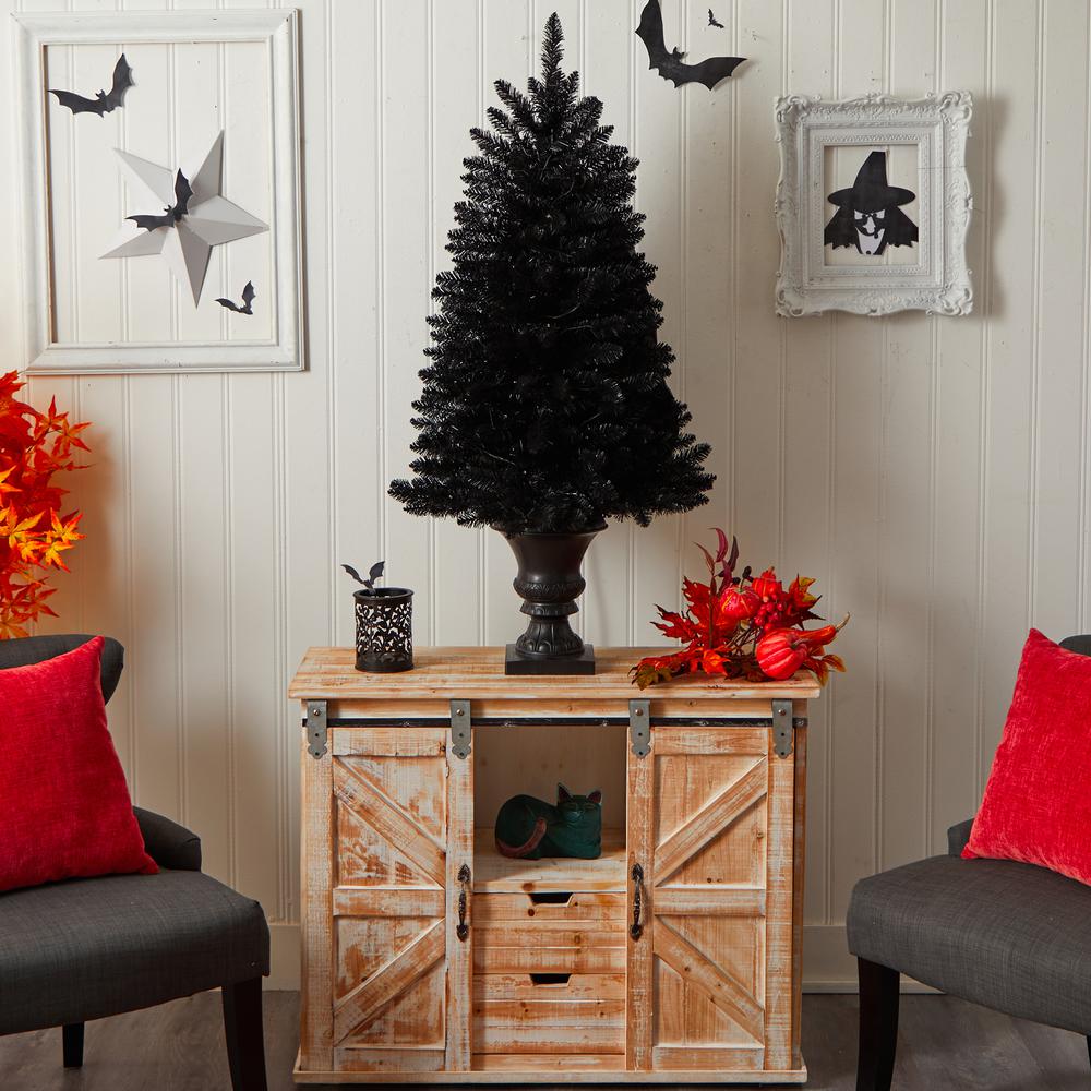 4ft. Black Halloween Artificial Christmas Tree in Urn with 100 Orange LED Lights. Picture 9