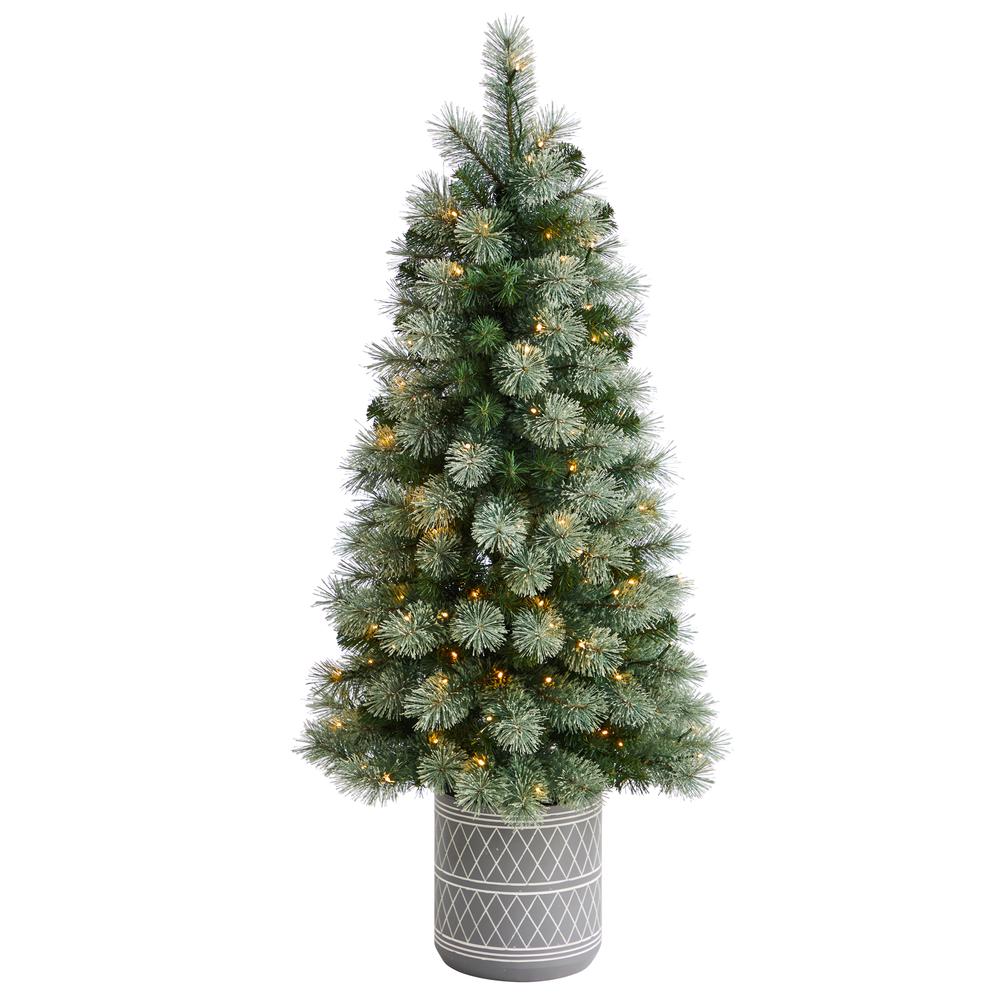 Nova Scotia Pine Artificial Christmas Tree in Engraved Geometric Stone Planter. Picture 1