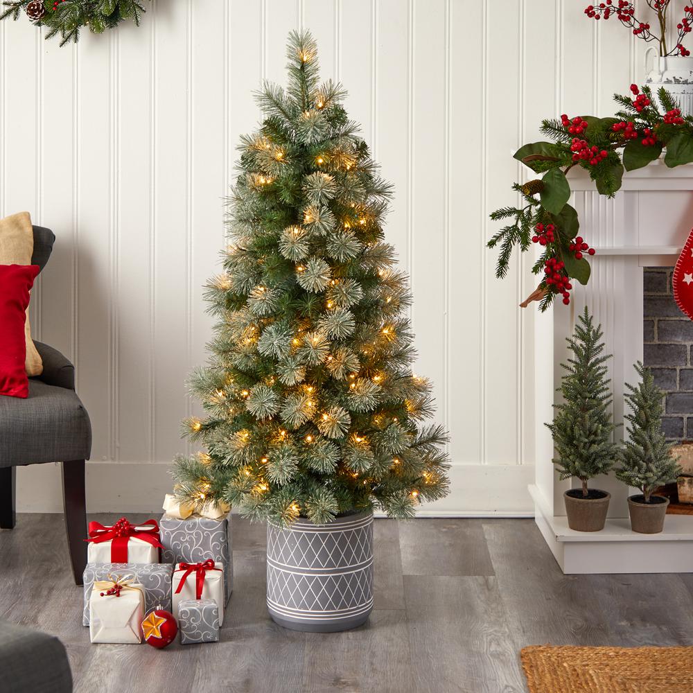 Nova Scotia Pine Artificial Christmas Tree in Engraved Geometric Stone Planter. Picture 7