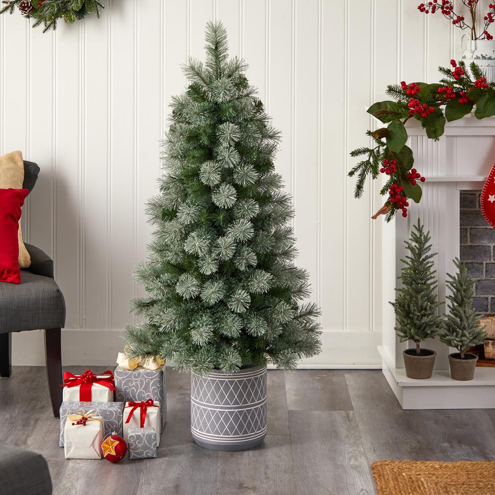 Nova Scotia Pine Artificial Christmas Tree in Engraved Geometric Stone Planter. Picture 8