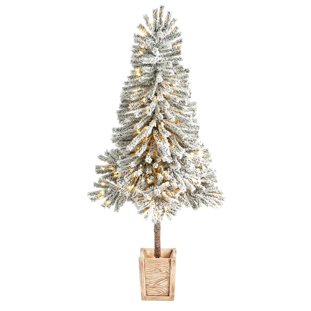 5ft. Winter Flocked Leaning Christmas Tree Pre-Lit with 150 LEDs in Planter. Picture 1