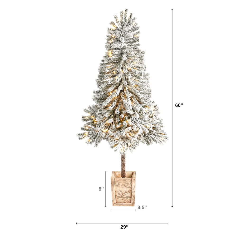 5ft. Winter Flocked Leaning Christmas Tree Pre-Lit with 150 LEDs in Planter. Picture 2