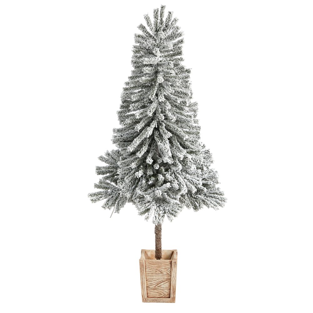 5ft. Winter Flocked Leaning Christmas Tree Pre-Lit with 150 LEDs in Planter. Picture 3