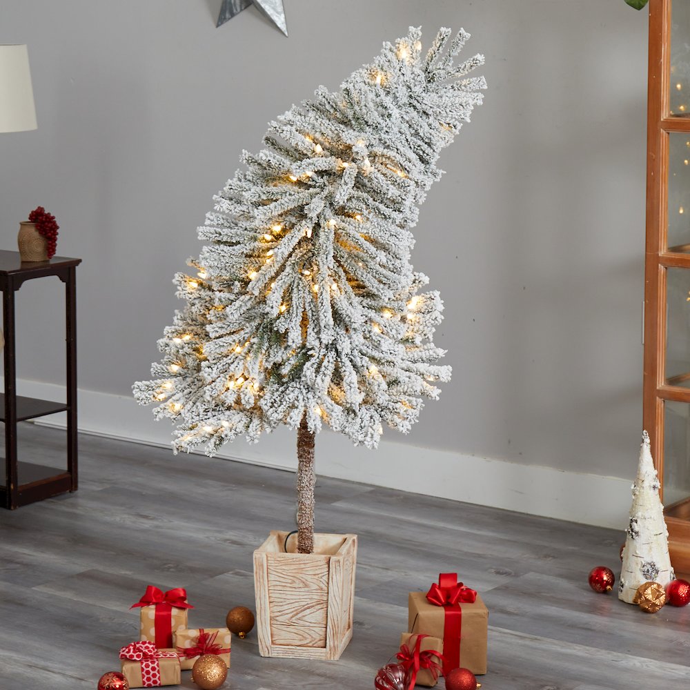 5ft. Winter Flocked Leaning Christmas Tree Pre-Lit with 150 LEDs in Planter. Picture 8