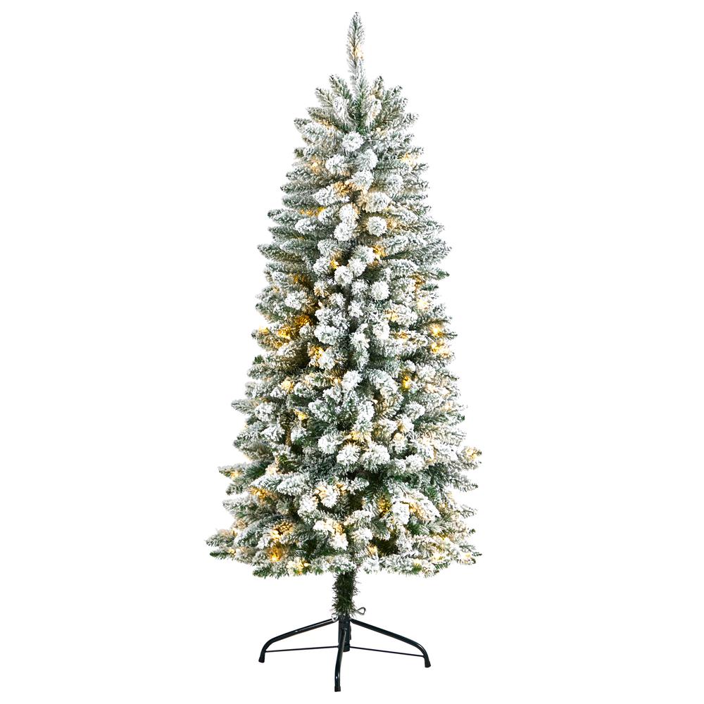 5ft. Slim Flocked Montreal Fir Artificial Christmas Tree with 150 Warm White LED Lights and 491 Bendable Branches. Picture 10