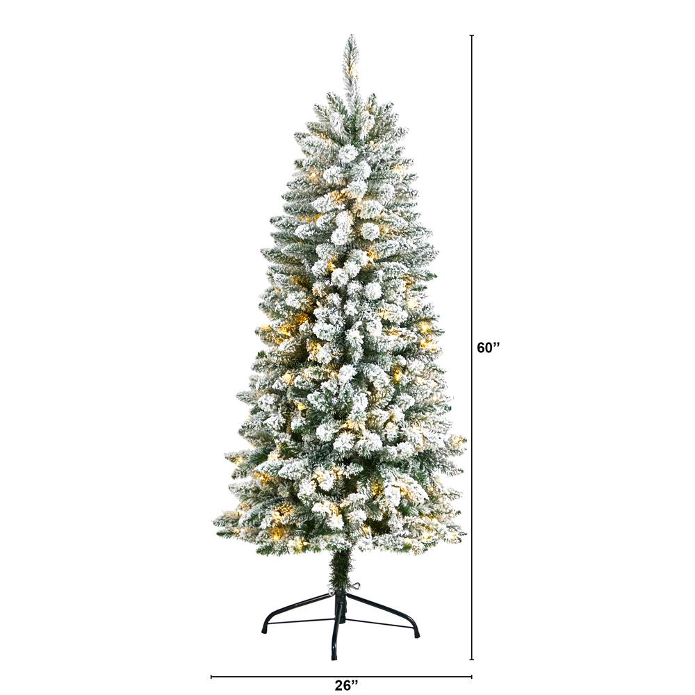 5ft. Slim Flocked Montreal Fir Artificial Christmas Tree with 150 Warm White LED Lights and 491 Bendable Branches. Picture 1