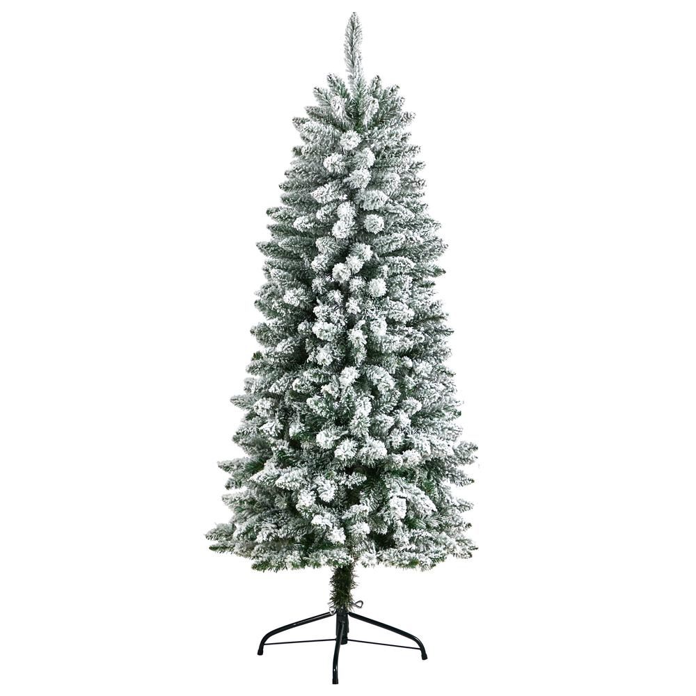 5ft. Slim Flocked Montreal Fir Artificial Christmas Tree with 150 Warm White LED Lights and 491 Bendable Branches. Picture 2
