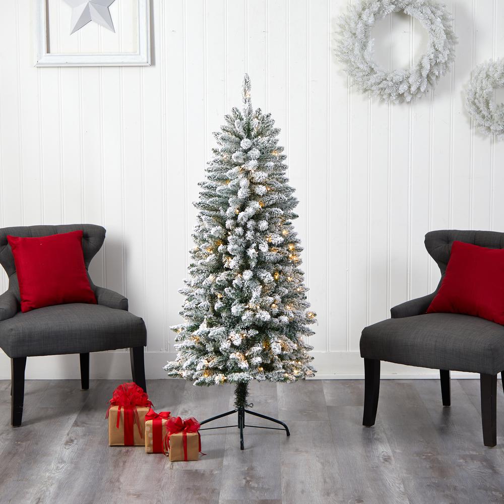 5ft. Slim Flocked Montreal Fir Artificial Christmas Tree with 150 Warm White LED Lights and 491 Bendable Branches. Picture 9