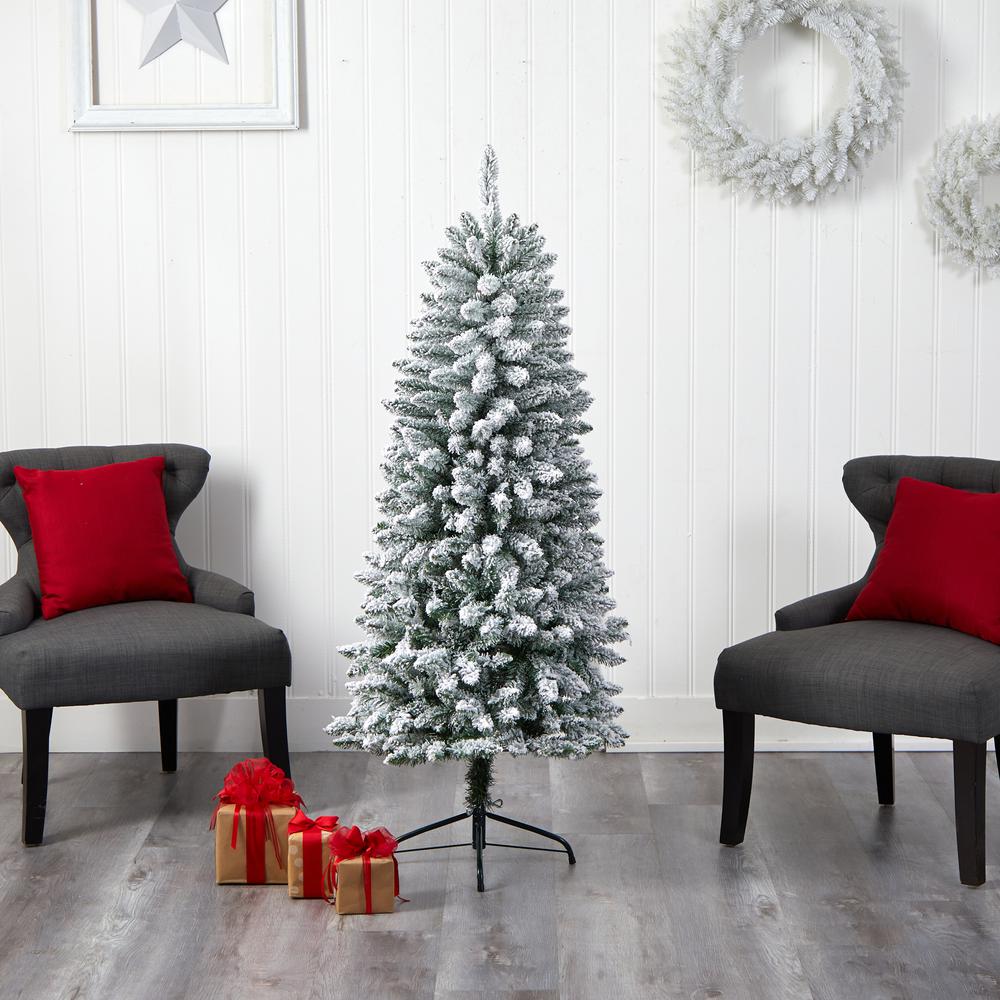 5ft. Slim Flocked Montreal Fir Artificial Christmas Tree with 150 Warm White LED Lights and 491 Bendable Branches. Picture 6
