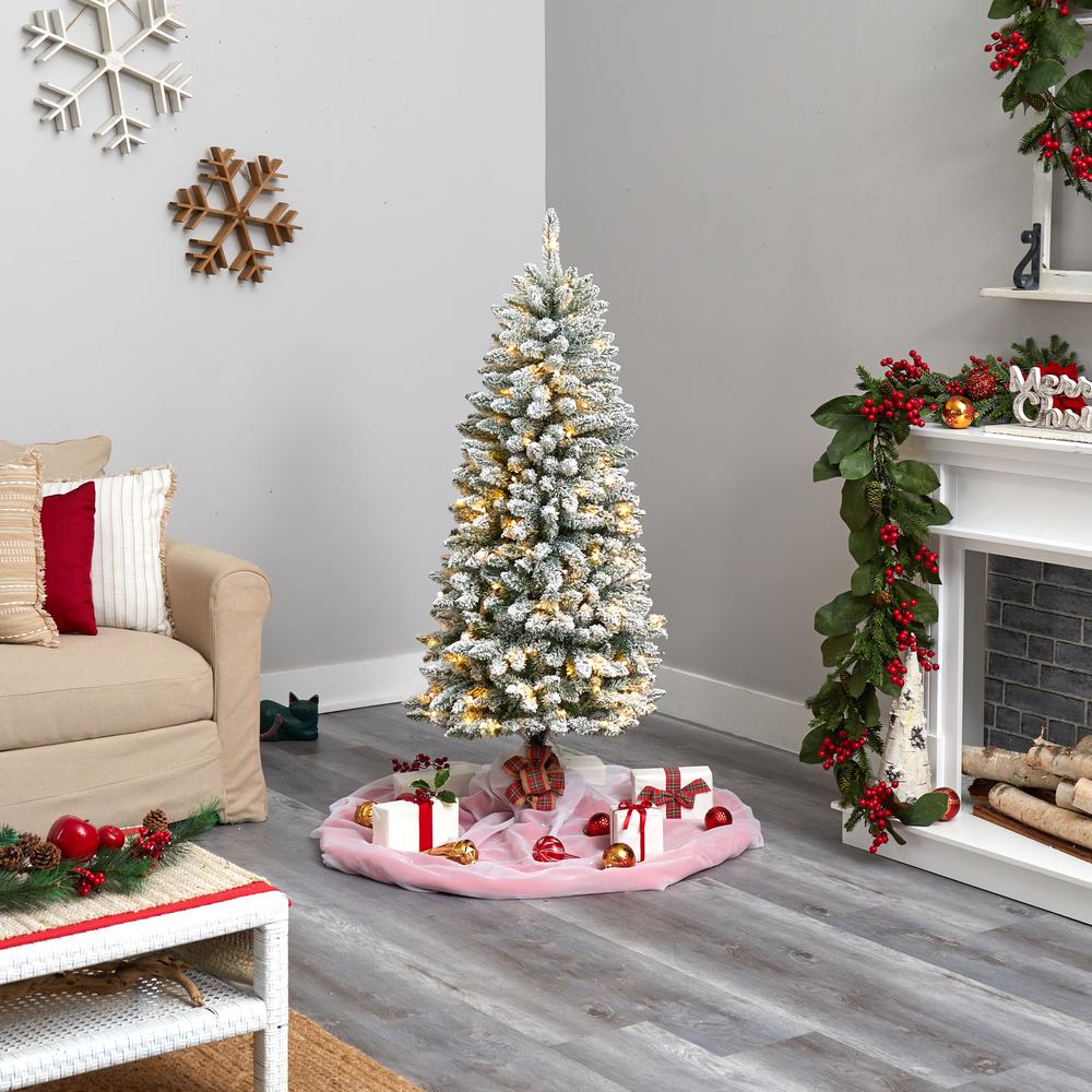 5ft. Slim Flocked Montreal Fir Artificial Christmas Tree with 150 Warm White LED Lights and 491 Bendable Branches. Picture 7