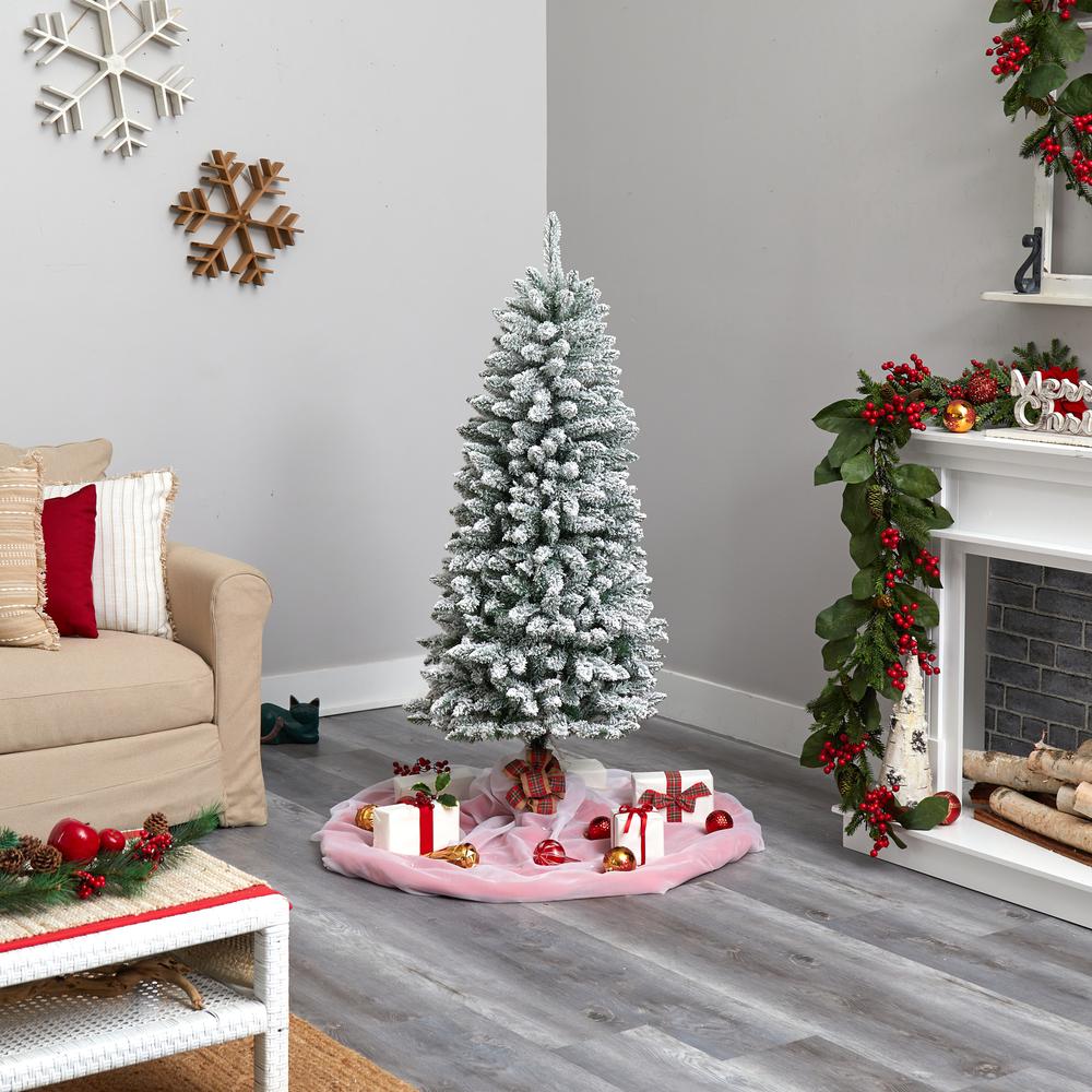 5ft. Slim Flocked Montreal Fir Artificial Christmas Tree with 150 Warm White LED Lights and 491 Bendable Branches. Picture 8