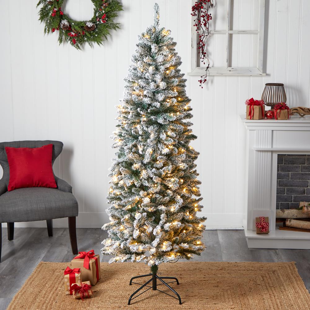 Flocked Montreal Fir Artificial Christmas Tree with 250 Warm White LED Lights. Picture 9