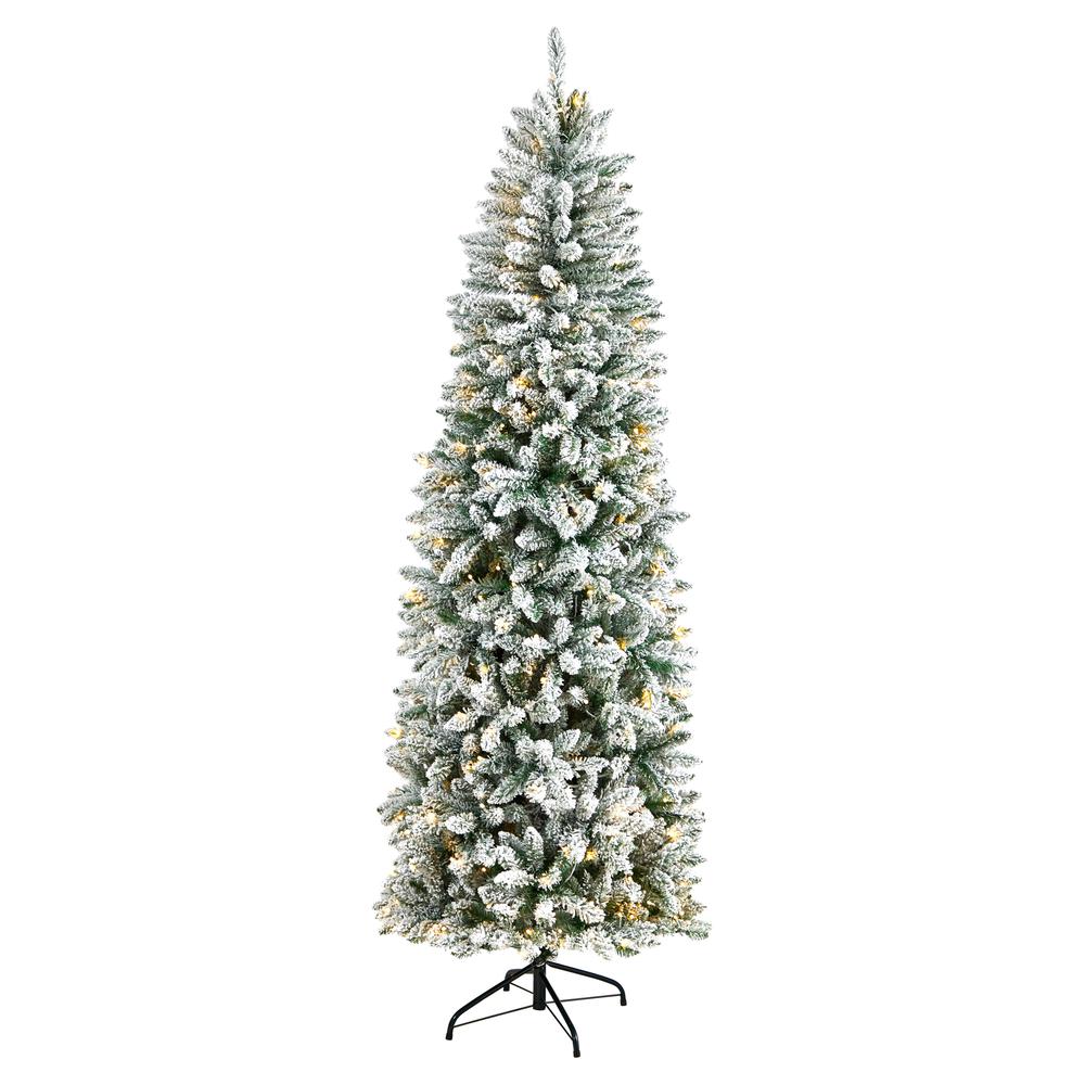 7ft. Slim Flocked Montreal Fir Artificial Christmas Tree with 300 Warm White LED Lights and 995 Bendable Branches. Picture 5