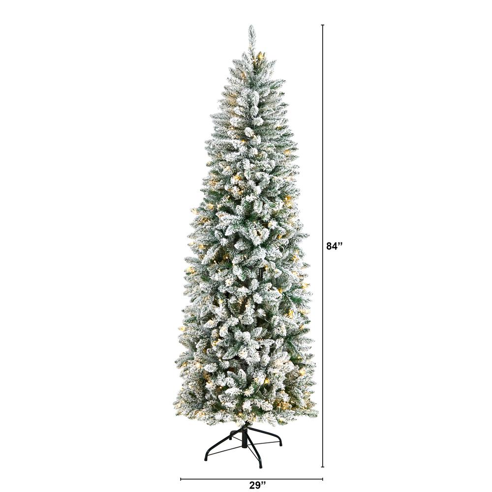 7ft. Slim Flocked Montreal Fir Artificial Christmas Tree with 300 Warm White LED Lights and 995 Bendable Branches. Picture 1