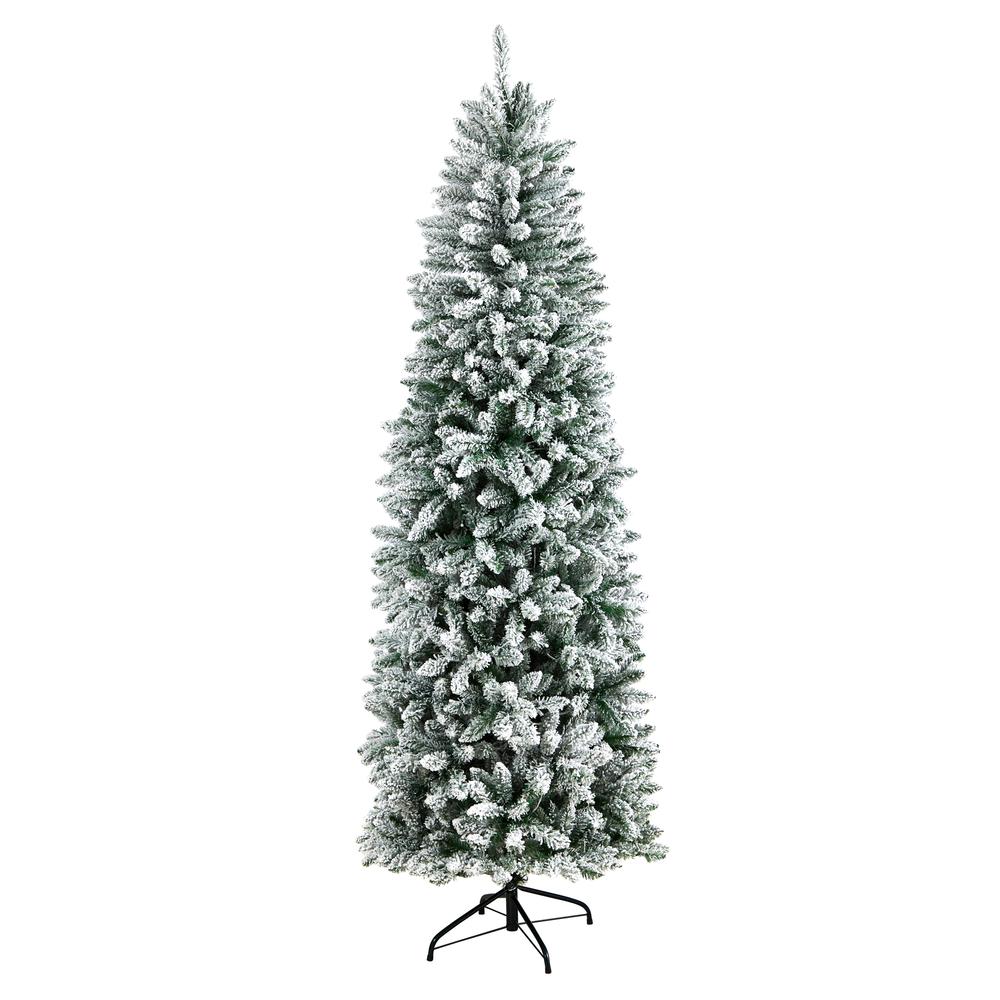 7ft. Slim Flocked Montreal Fir Artificial Christmas Tree with 300 Warm White LED Lights and 995 Bendable Branches. Picture 2