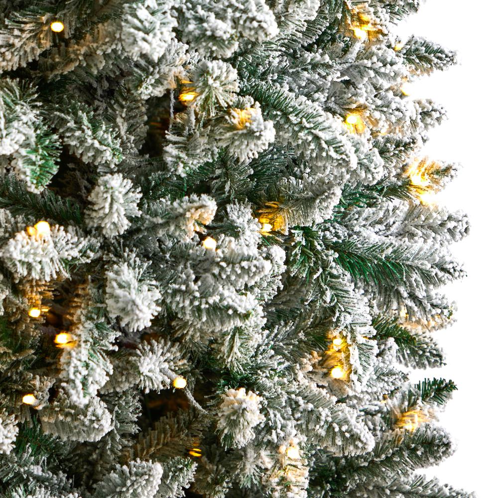 7ft. Slim Flocked Montreal Fir Artificial Christmas Tree with 300 Warm White LED Lights and 995 Bendable Branches. Picture 3