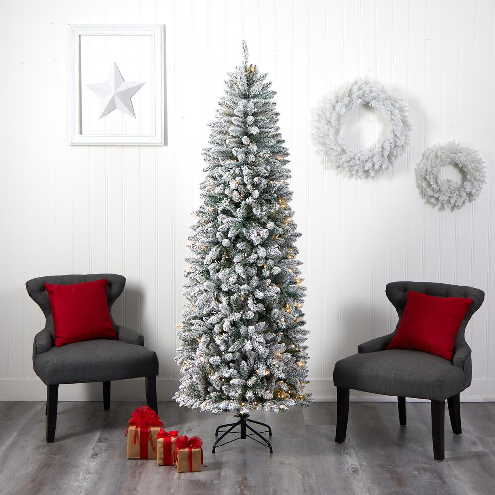 7ft. Slim Flocked Montreal Fir Artificial Christmas Tree with 300 Warm White LED Lights and 995 Bendable Branches. Picture 10