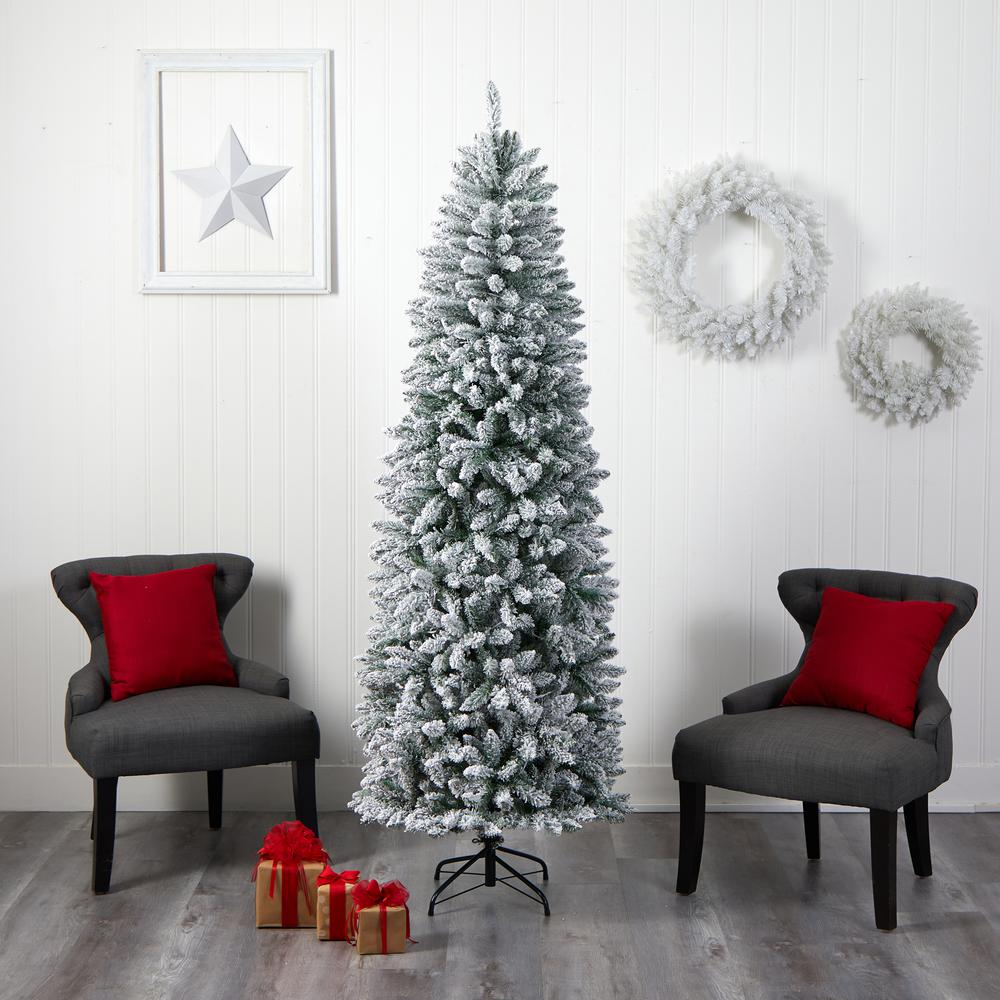 7ft. Slim Flocked Montreal Fir Artificial Christmas Tree with 300 Warm White LED Lights and 995 Bendable Branches. Picture 7