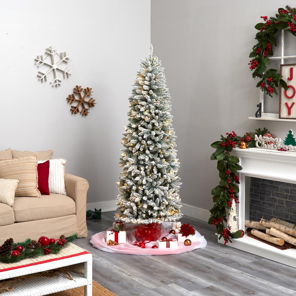 7ft. Slim Flocked Montreal Fir Artificial Christmas Tree with 300 Warm White LED Lights and 995 Bendable Branches. Picture 8