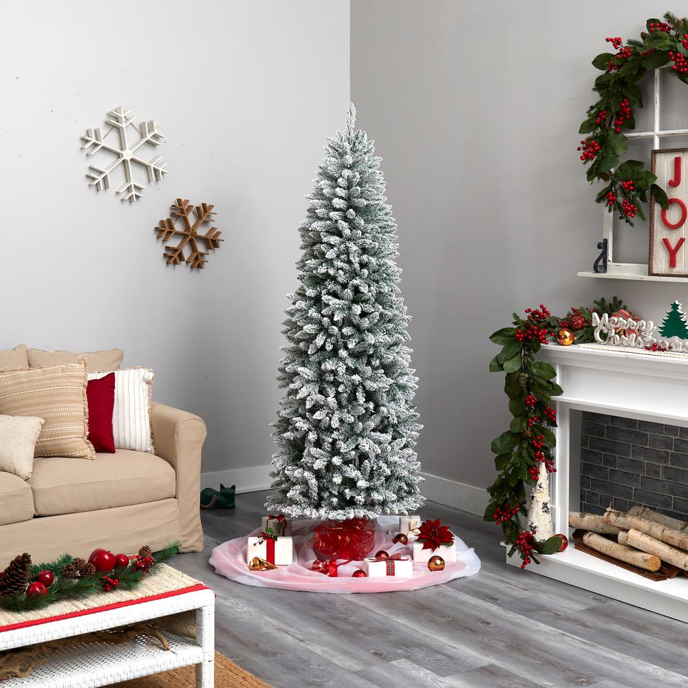 7ft. Slim Flocked Montreal Fir Artificial Christmas Tree with 300 Warm White LED Lights and 995 Bendable Branches. Picture 9