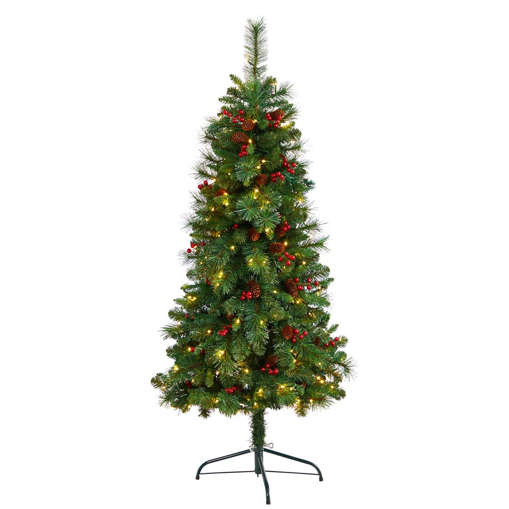 Flat Back Montreal Mountain Pine Artificial Christmas Tree with Pinecones. Picture 1