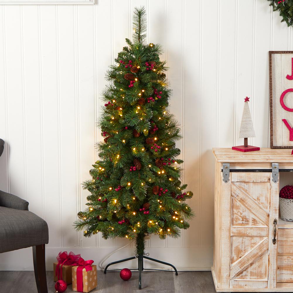 Flat Back Montreal Mountain Pine Artificial Christmas Tree with Pinecones. Picture 7