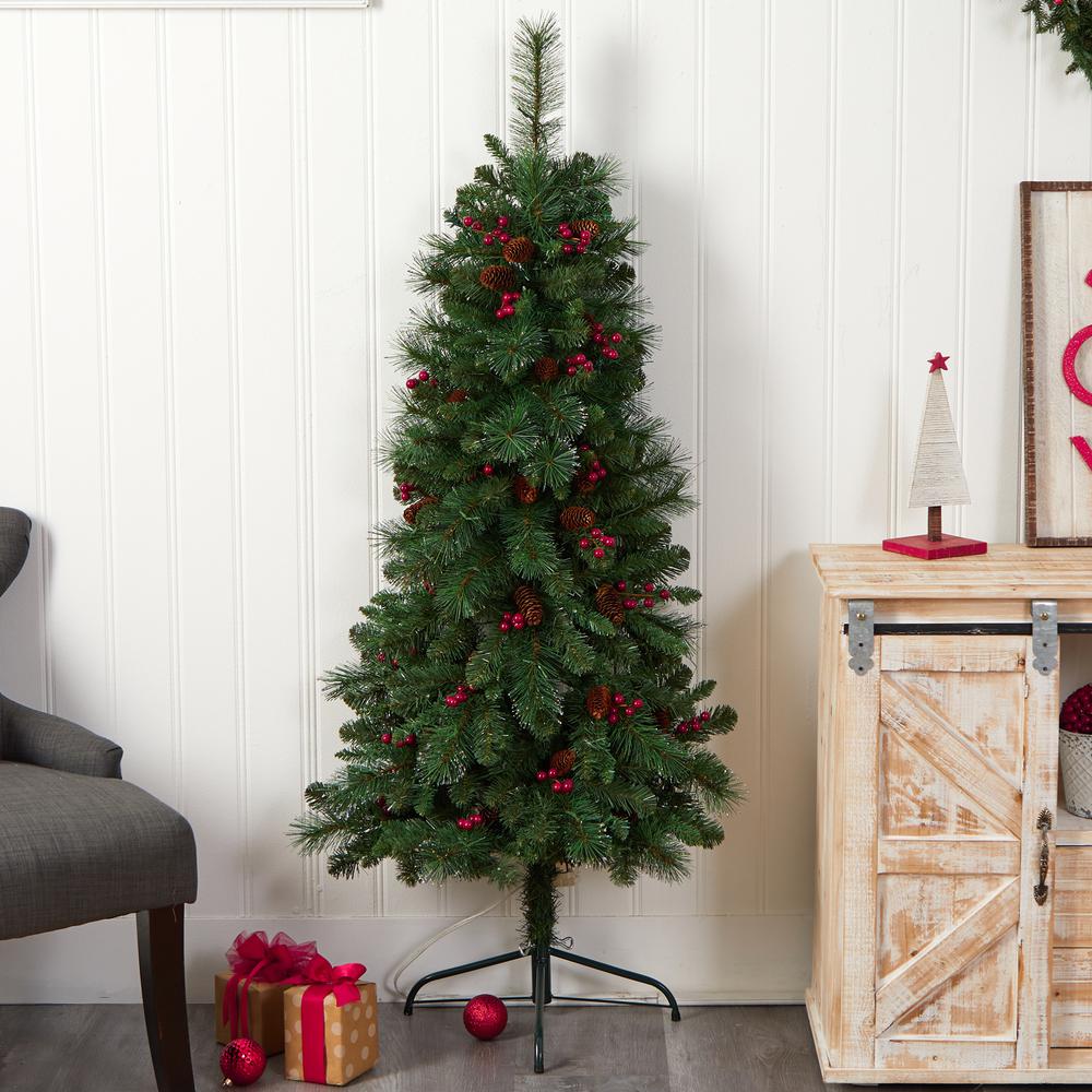 Flat Back Montreal Mountain Pine Artificial Christmas Tree with Pinecones. Picture 8