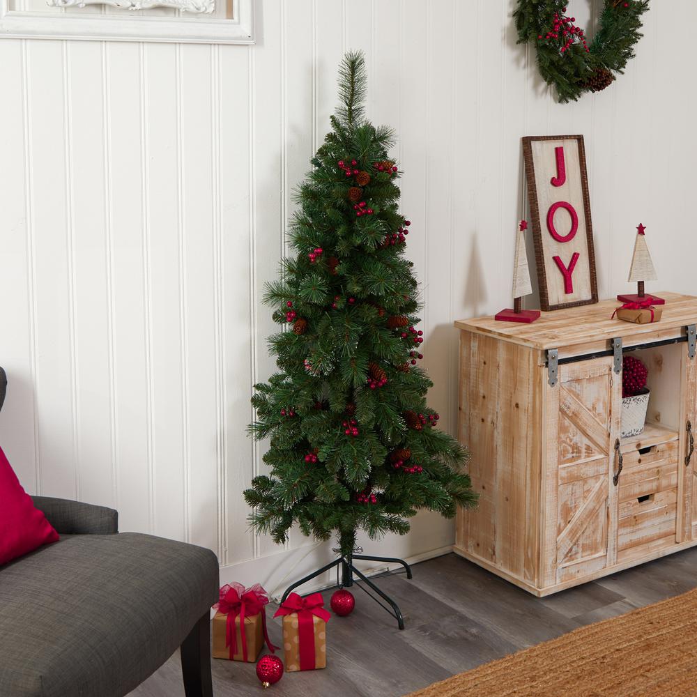 Flat Back Montreal Mountain Pine Artificial Christmas Tree with Pinecones. Picture 10