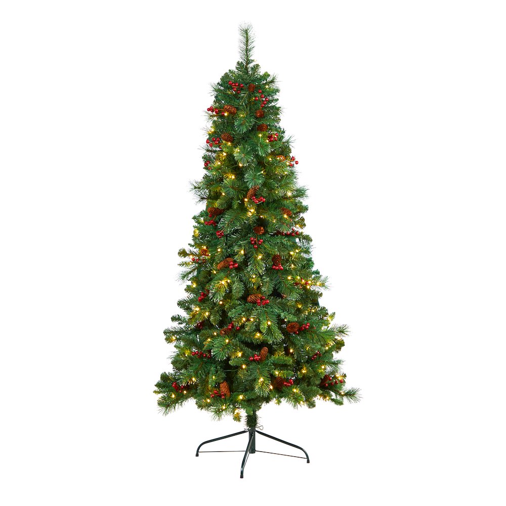 6ft. Flat Back Montreal Mountain Pine Christmas Tree with Pinecones and 150 LEDs. Picture 1