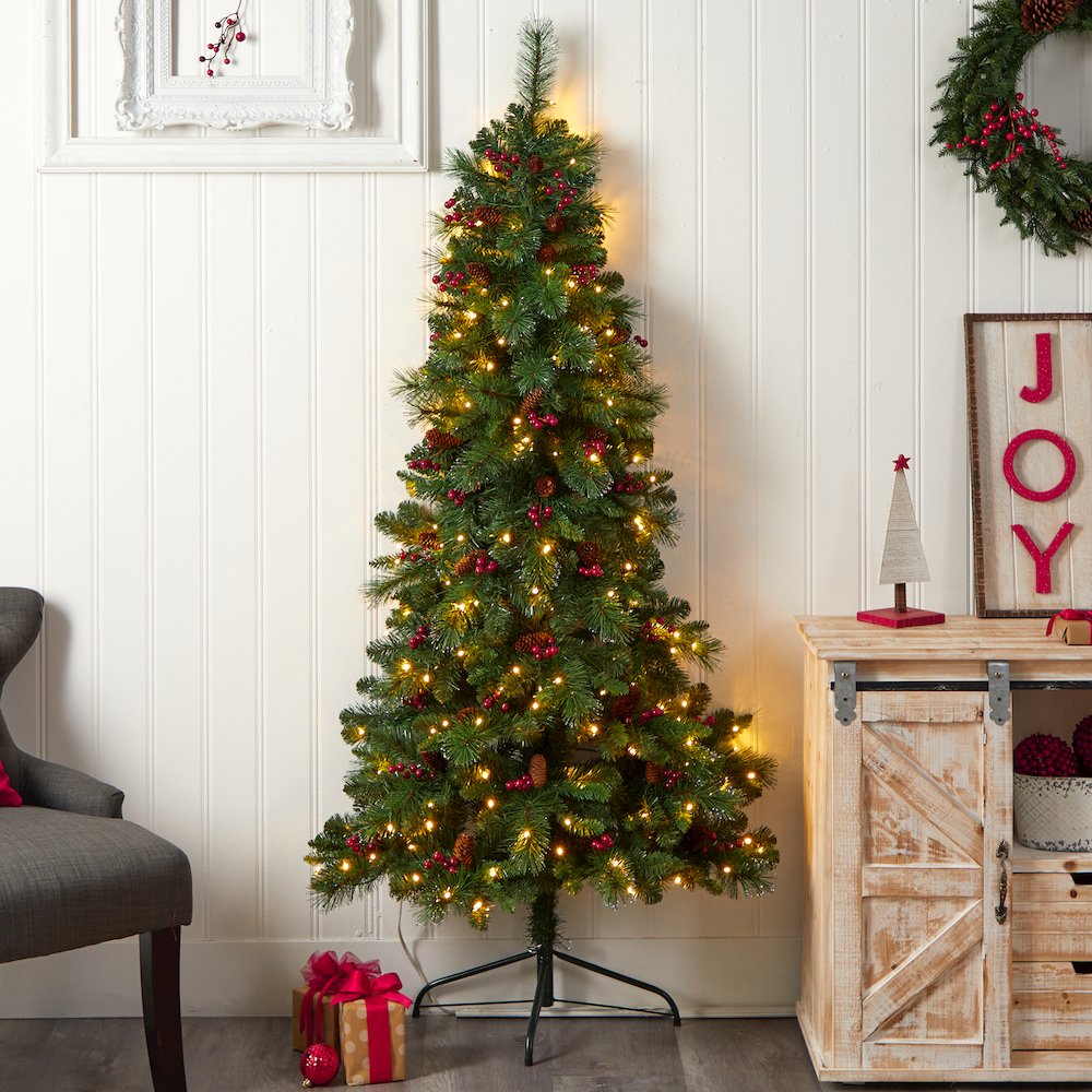 6ft. Flat Back Montreal Mountain Pine Christmas Tree with Pinecones and 150 LEDs. Picture 7