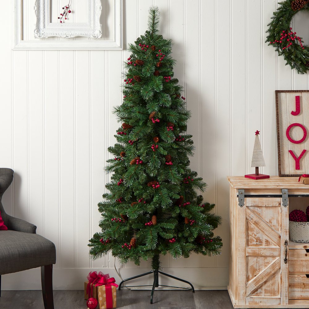 6ft. Flat Back Montreal Mountain Pine Christmas Tree with Pinecones and 150 LEDs. Picture 8