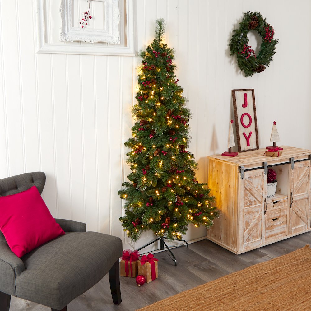6ft. Flat Back Montreal Mountain Pine Christmas Tree with Pinecones and 150 LEDs. Picture 9
