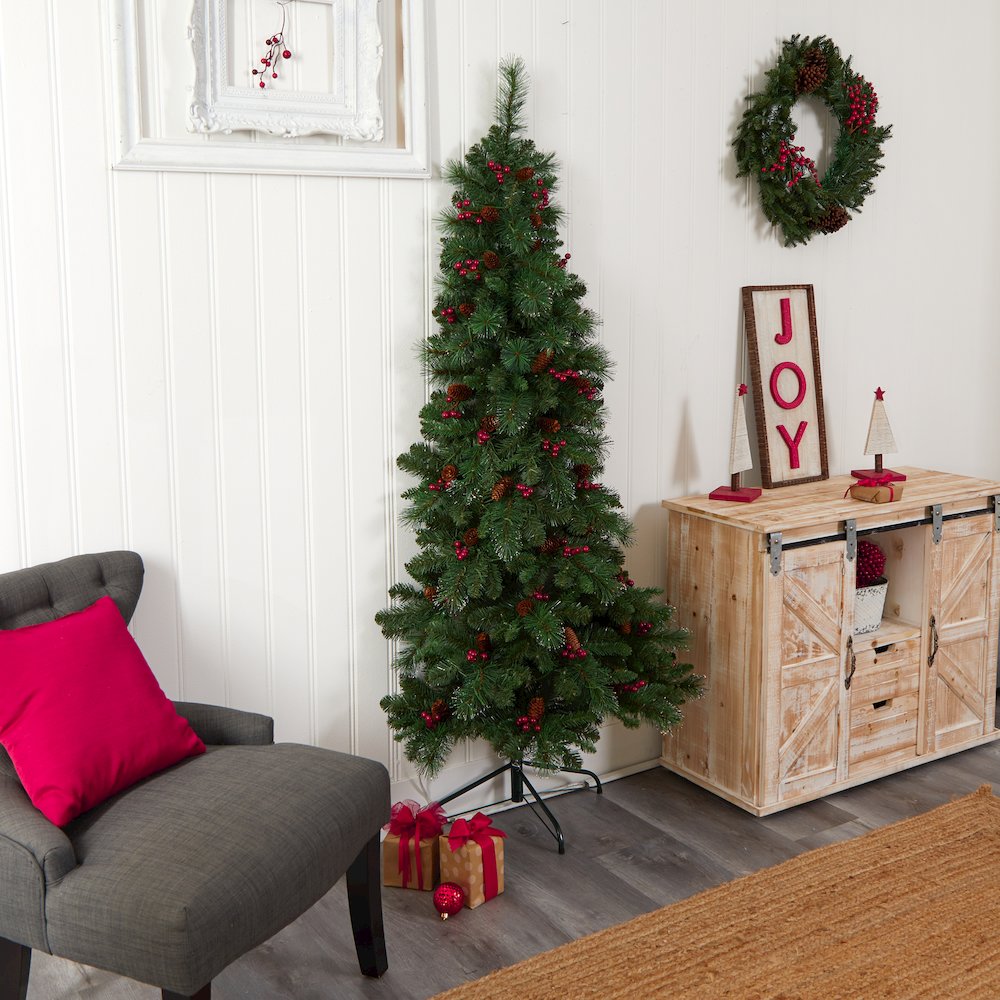 6ft. Flat Back Montreal Mountain Pine Christmas Tree with Pinecones and 150 LEDs. Picture 10