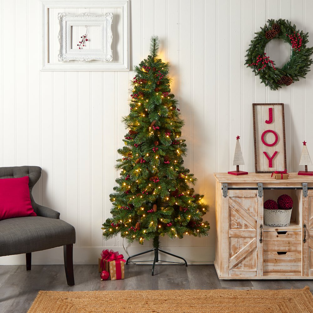 6ft. Flat Back Montreal Mountain Pine Christmas Tree with Pinecones and 150 LEDs. Picture 11